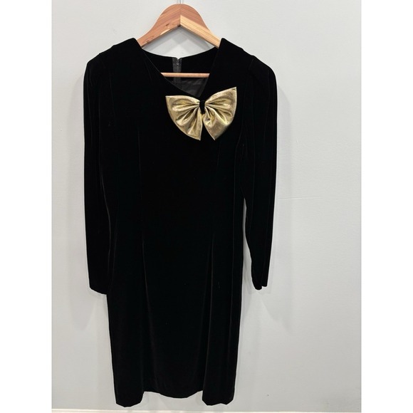 Halston III Black Velvet Dress Gold Bow Detail Size 6 Cocktail Formal Vintage - Picture 3 of 9